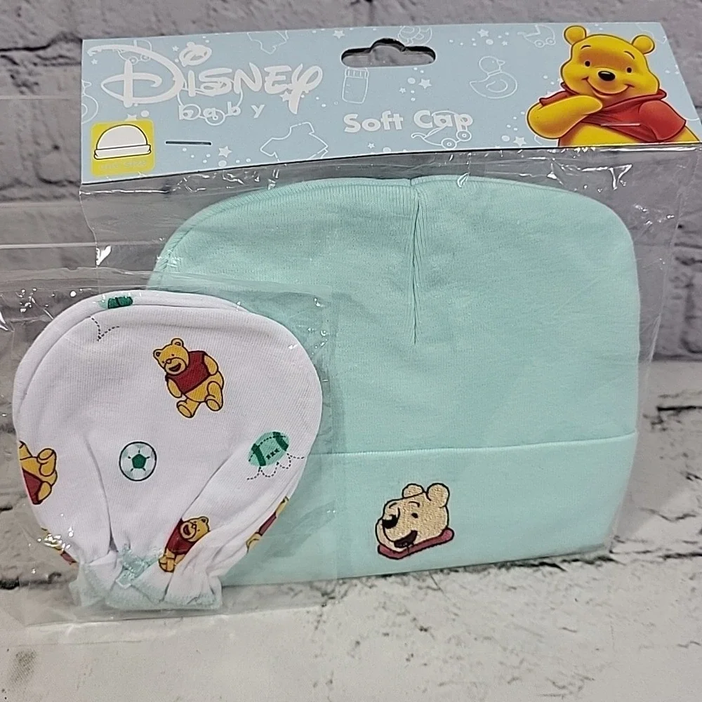 Disney Baby Winnie The Pooh Infant Soft Cap‎ Hats Mittens Lot Blue Green Yellow
